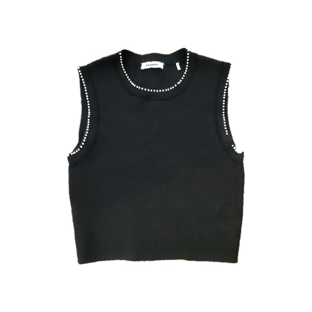 Sandro Sleeveless Faux Pearl Embellished‎ Knit Round Neck Black Crop Top Size 1